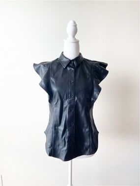 GAP Black Faux Leather Ruffle Sleeve Button-Up Blouse Size S